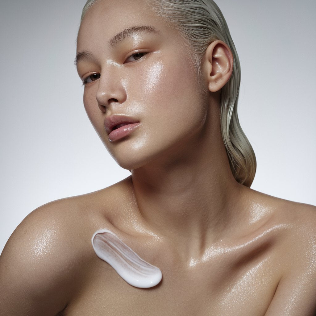 une-femme-asiatique-coreenne-appliquant-un-lait-pour-le-corps-de-marque-grazzi-lui-donnant-une-peau-douce-hydratee-nourrie-rayonnante-an-asian-korean-woman-applying-a-body-lotion-from-the-grazzi-brand-giving-her-soft-hydrated-glowing-skin